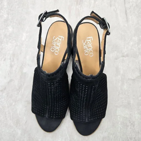 Franco Sarto Heeled Sandals Sz 8 Black Perferated Suede Dressy Block Heel Shoes - Picture 2 of 12